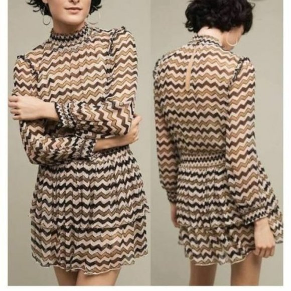 HD In Paris Anthropologie Sierade Zigzag Mini Dress Ruffle Smocked size 0 - Picture 1 of 16